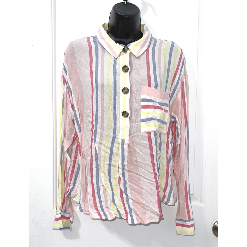 A.N.A. women's blouse, designed as a long-sleeve, striped with a single pocket